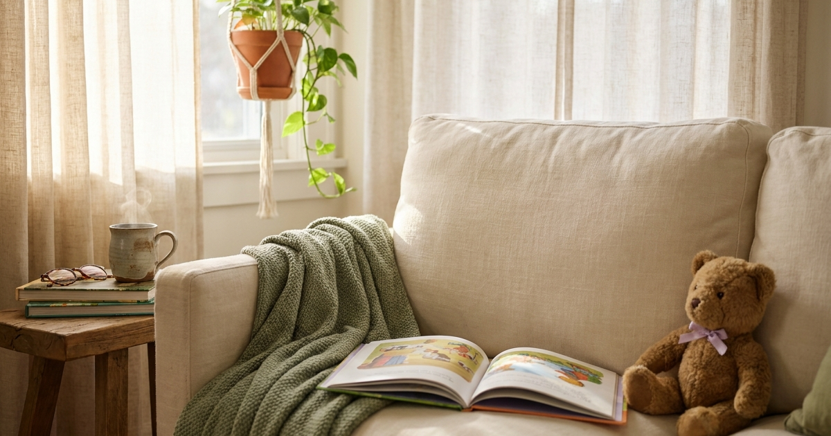 A warm illustration of a parent and child reading together on a couch, representing open communication about chronic illness