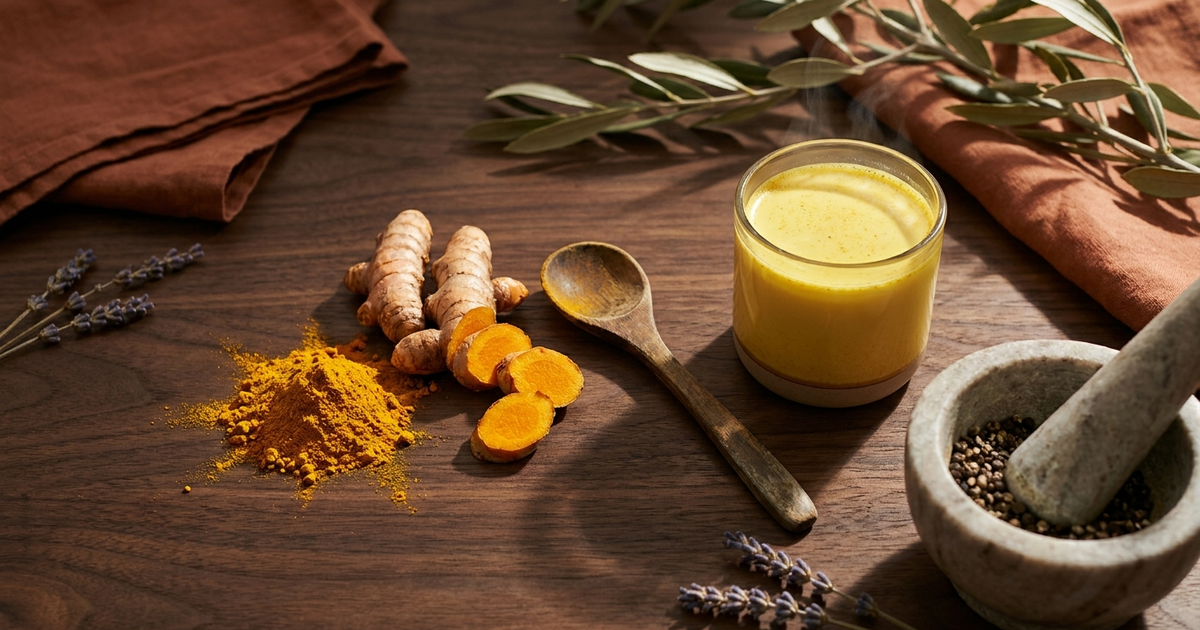 Bright golden turmeric powder, fresh rhizomes, a golden milk latte and mortar of peppercorns