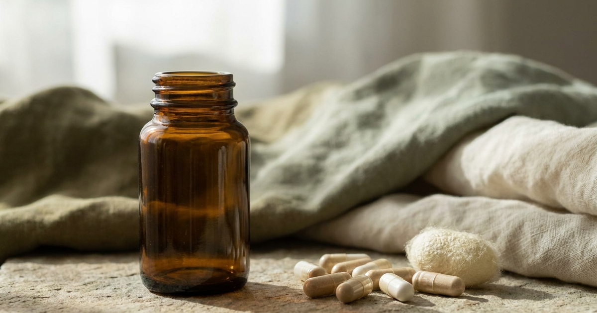 Amber glass supplement bottle with enteric-coated capsules and a silkworm cocoon on linen
