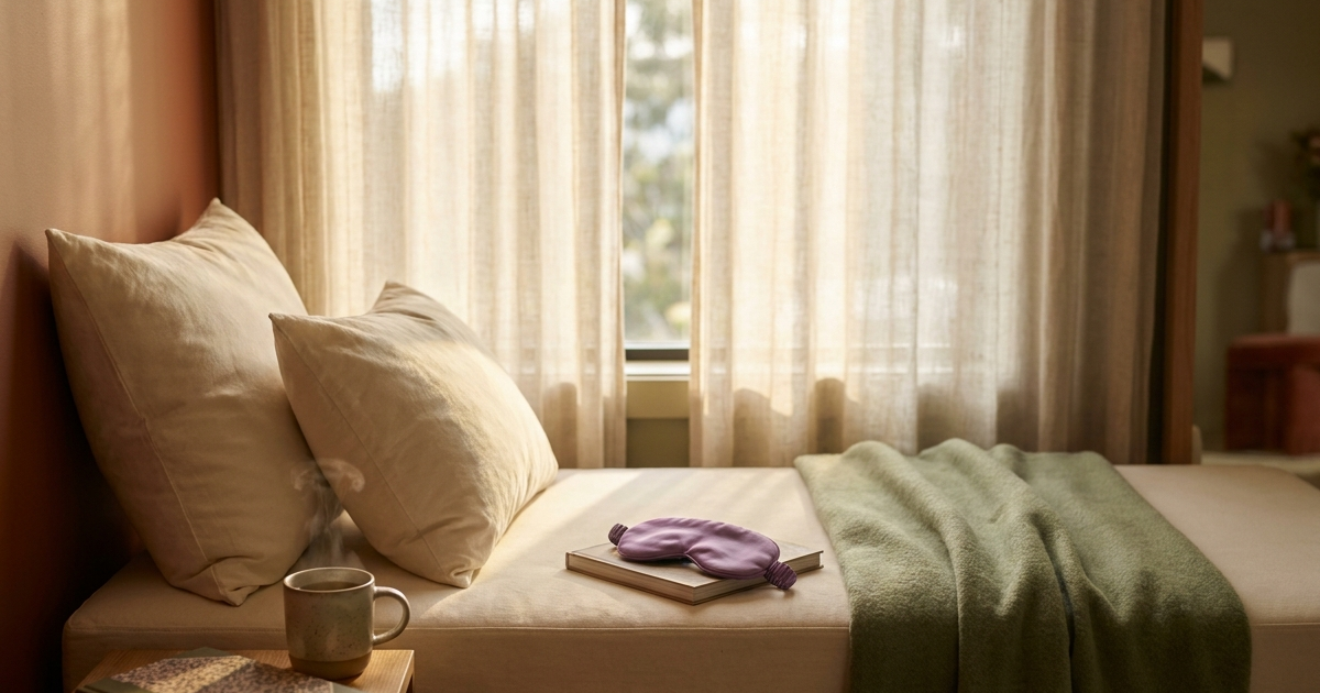 Sunlit daybed by a window with cream pillows, a folded sage blanket, eye mask and cup of chamomile tea