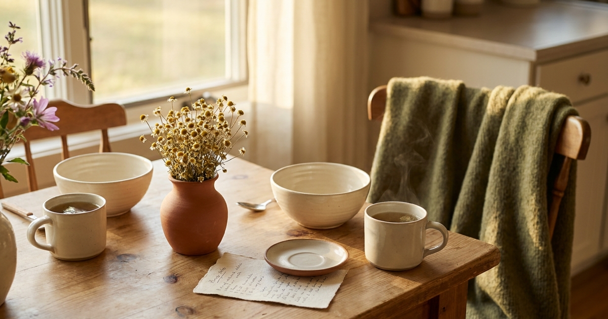 Family dining table set for two with tea mugs, chamomile flowers and a knitted throw in warm light
