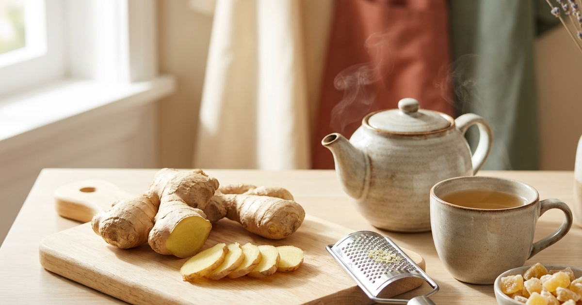 Fresh ginger root whole and sliced on a wooden board with a teapot, cup of ginger tea, and grater