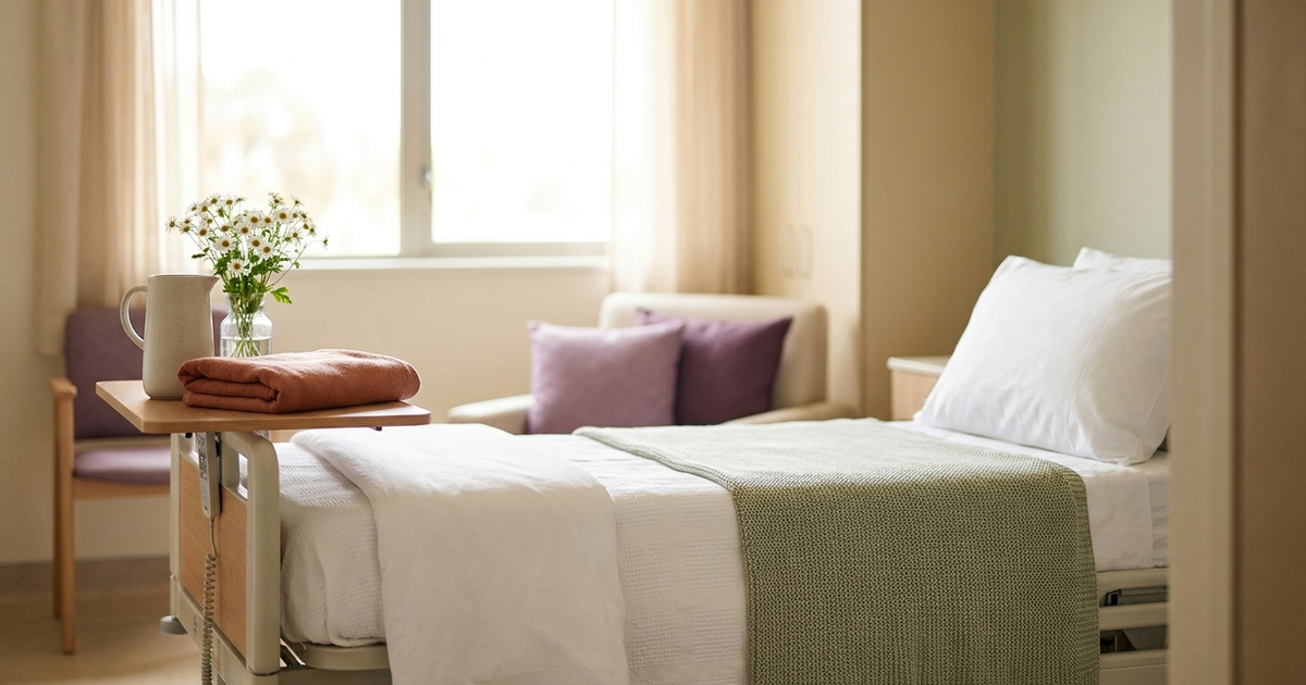 A calm hospital recovery room with a made bed in white linens, a side table with a water pitcher, folded blanket, and a small vase of white daisies.