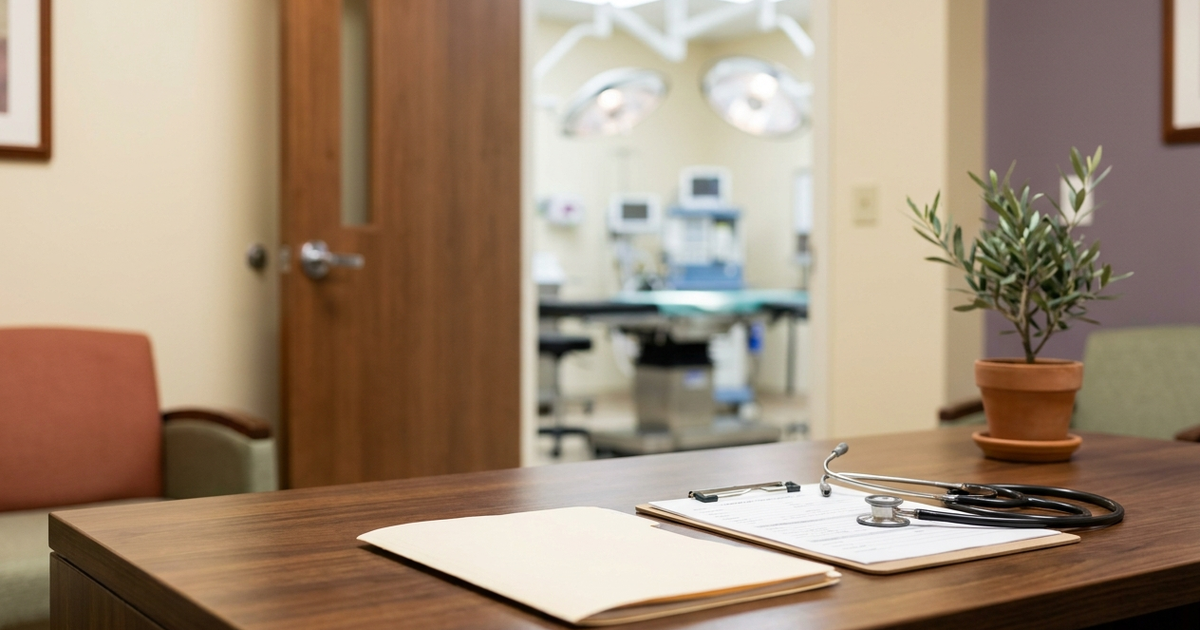 Discreet surgical consultation desk with medical folder, stethoscope and clipboard beside a glimpse of an operating room
