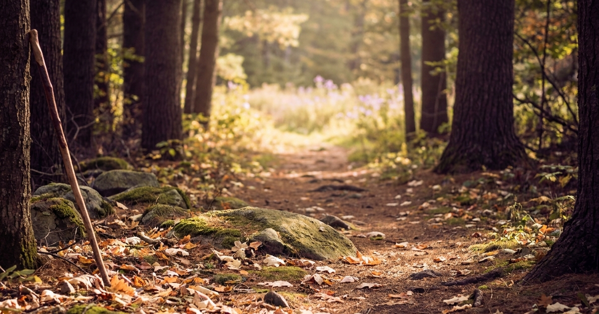 Forest path at golden hour with dappled sunlight, moss-covered stones and a meadow in the distance