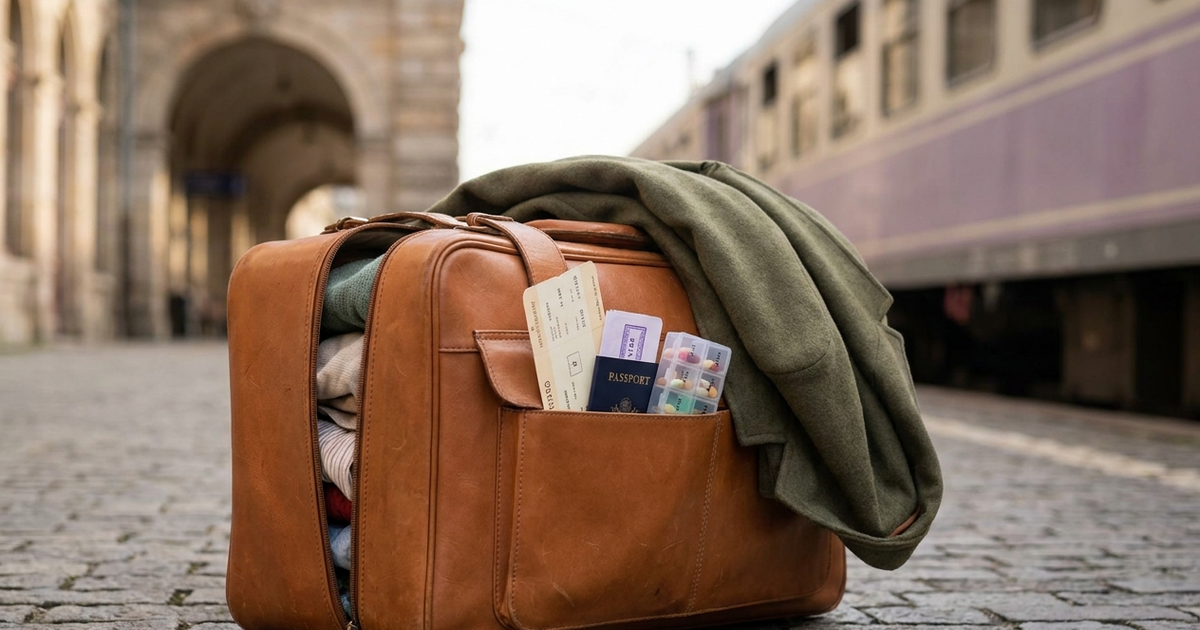 Leather suitcase with a passport, boarding pass, and pill organizer on a European train platform