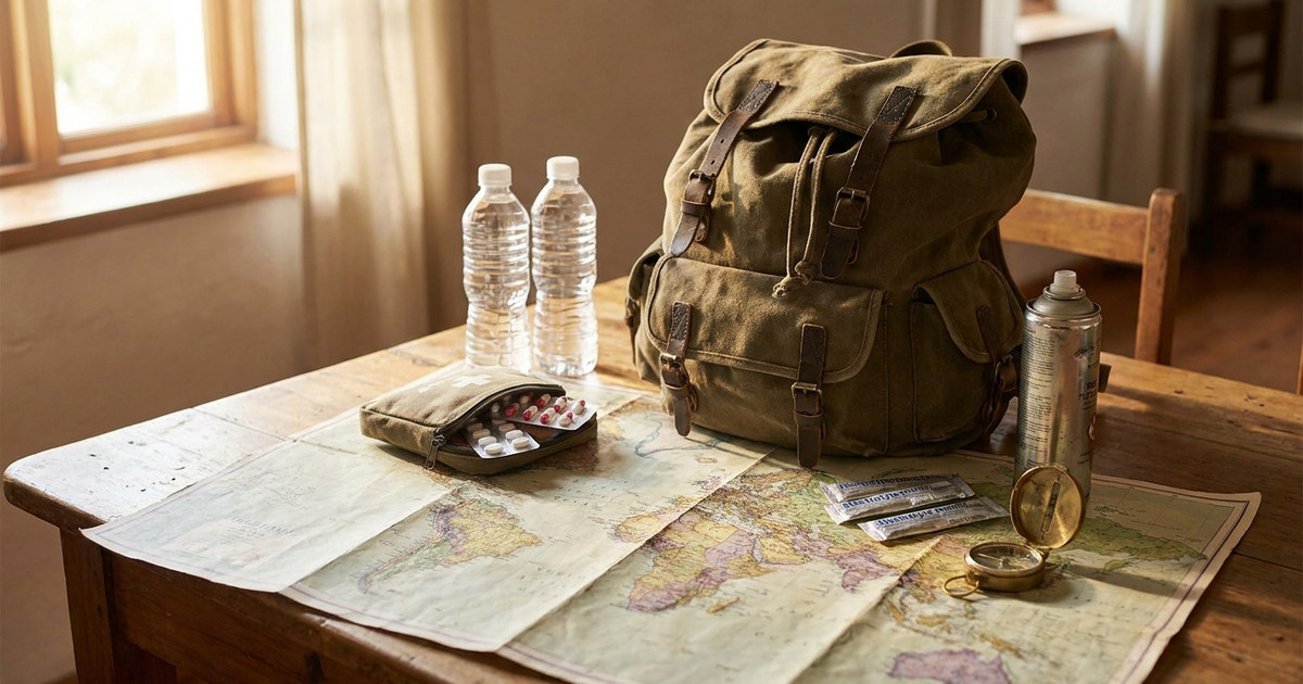 Canvas backpack with vintage map, sealed water, travel first aid kit and compass on a wooden table