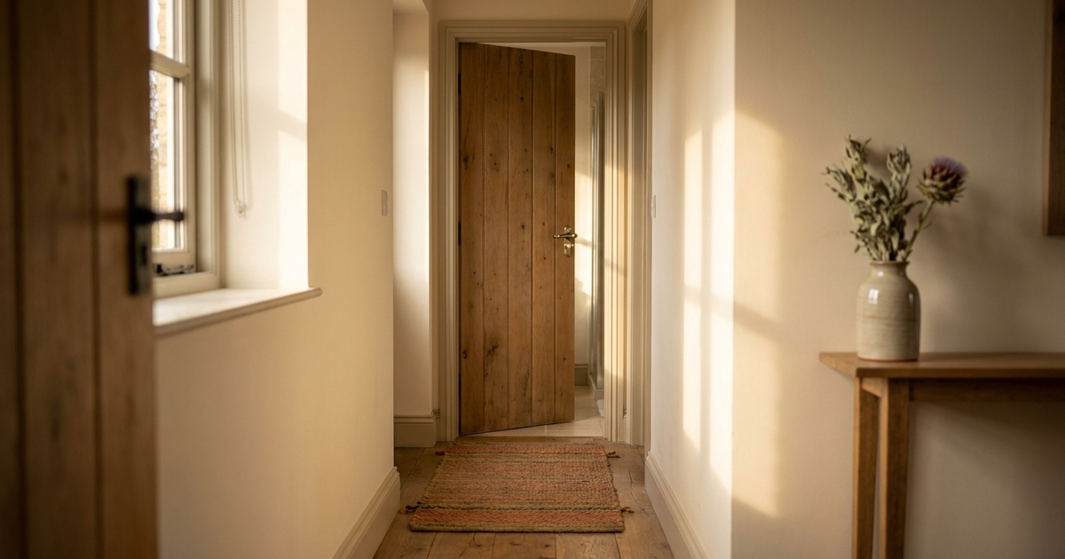 A bathroom door slightly ajar at the end of a softly lit hallway in warm morning light, representing the urgency and frequency that mark ulcerative colitis symptoms