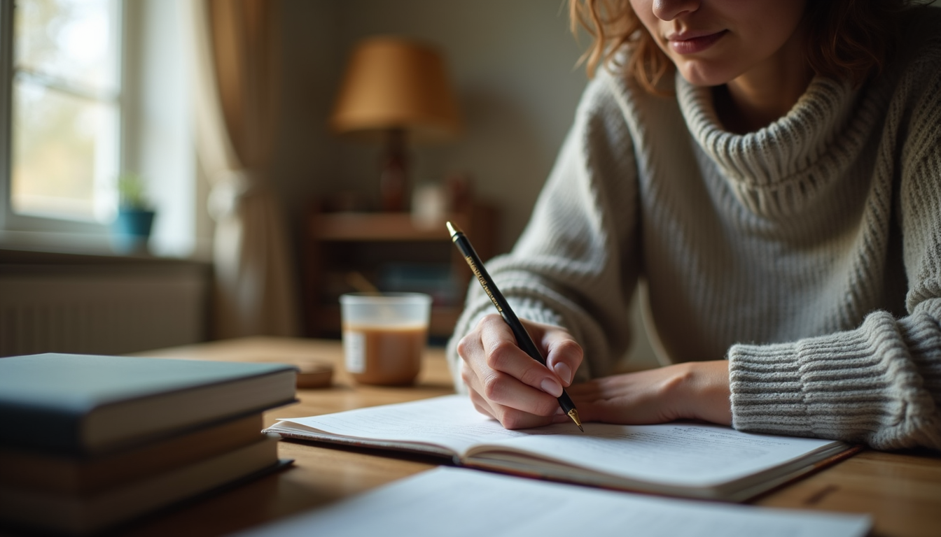 Eye-level view of a person journaling about their health in a cozy room