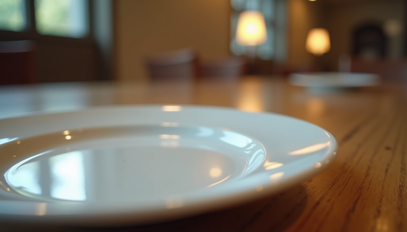 Eye-level view of an empty plate on a dining table