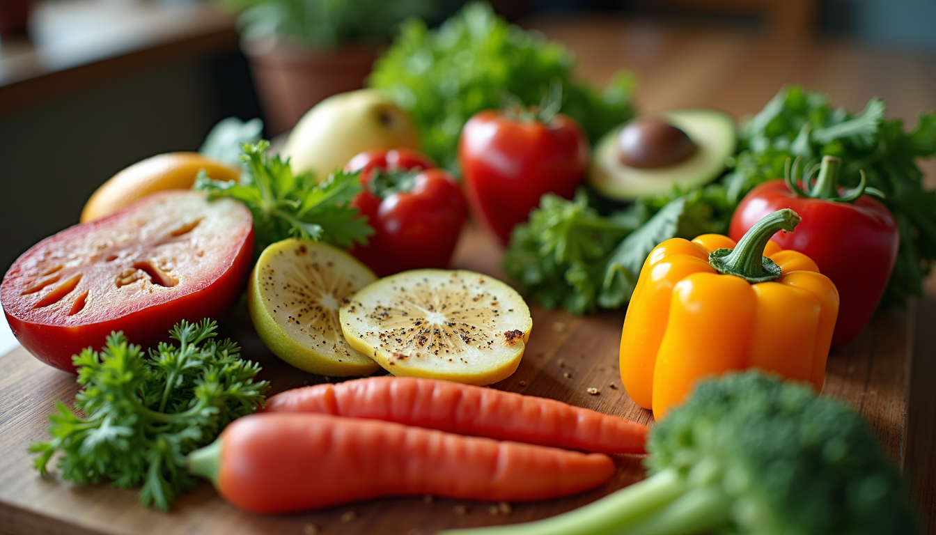 High angle view of a set of healthy foods on a kitchen table
