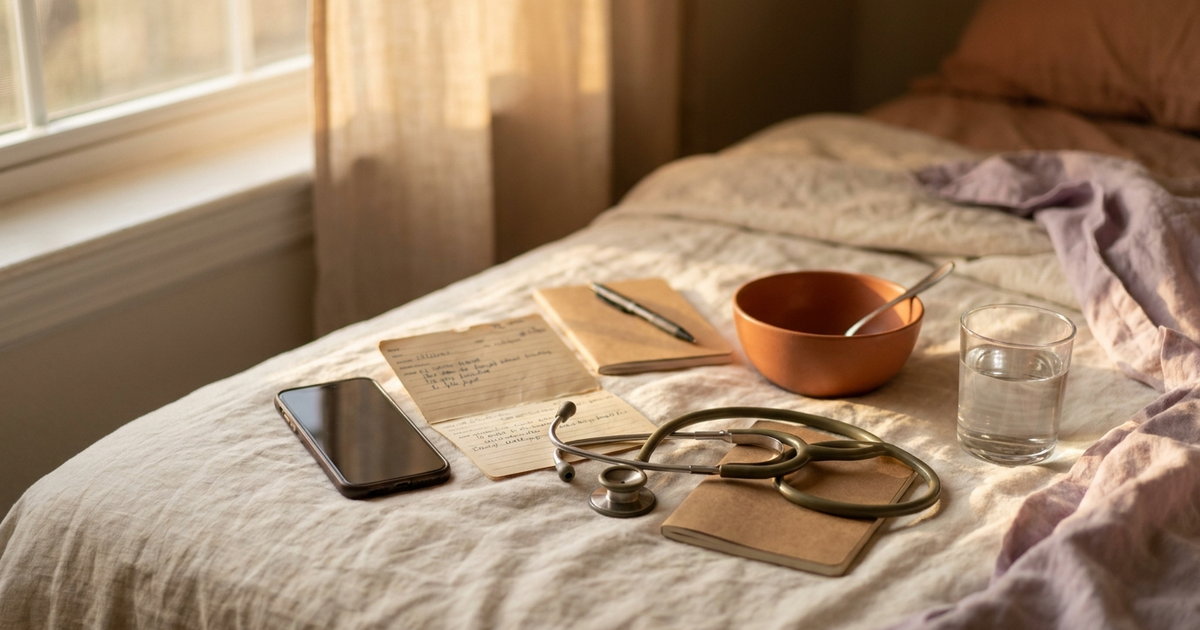 Phone, clinical appointment card, stethoscope, and symptom notebook on a linen surface in warm daylight