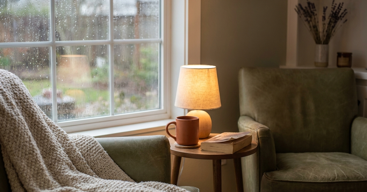 Rain-streaked window beside a reading chair with knit blanket, tea mug, and warm lamp light