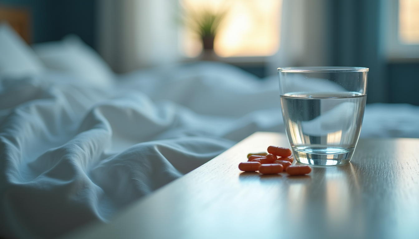 High angle view of medication and water on a bedside table
