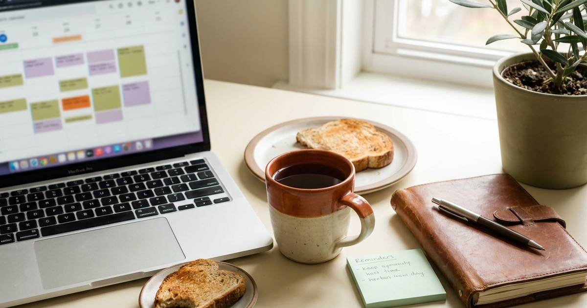 Work-from-home desk with an open laptop calendar, cold tea, planner, and sticky notes in soft morning light
