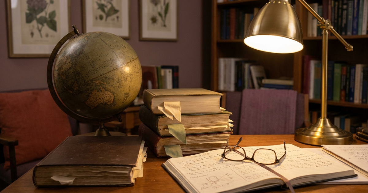 Medical research desk with a vintage globe, stacked medical journals, reading glasses and a warm desk lamp