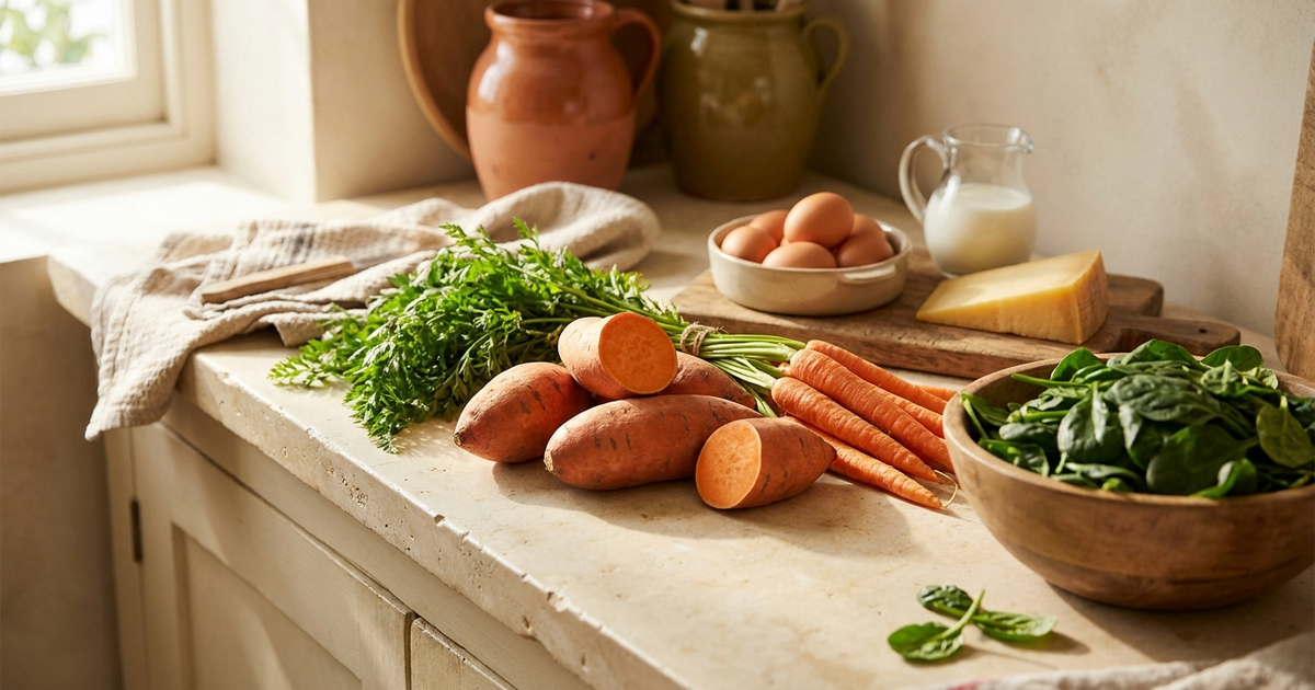 Illustration of vitamin A deficiency in Crohn's disease showing vitamin A-rich foods and intestinal absorption